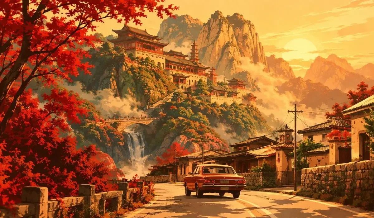 黄果短剧 穿越热播栏目主图，古代山寺与年代乡路交叠